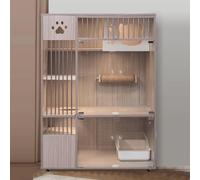 Generic Jaula grande para gatos - Recinto de madera para gatos con vidrio templado y barandilla de tubo de acero para 1-3 gatos, corralito gris con ruedas universales y trampolín