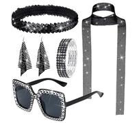 Generic - Joyas Disco de los años 70 para mujer: juego completo con banda elástica, correa de muñeca, gafas de sol, bufanda con lentejuelas, diadema y pendientes para fiestas temáticas de los años 50