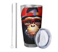 Generic Juego de 1 vaso de mono para pintura al óleo, sombrero, gafas de graffiti, animales divertidos, gris, azul, rojo, con recubrimiento en polvo, caliente y frío, sin derrames, escuela