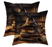 Generic Juego de 2 fundas de almohada de bruja con sombrero mágico de madera, diseño vintage, de terciopelo, amarillo, lavable, adornos suaves, para patio, habitación, sala de juegos, dormitorio