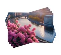 Generic Juego de 4 manteles individuales de primavera con diseño floral de río, naturaleza, hermoso paisaje, ciudad, árbol, puesta de sol, rosa, azul, lino, lavable, antideslizante, mesa decorativa