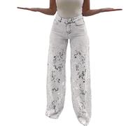 Generic Pantalones Vaqueros Para Mujer De Pierna Ancha, Pantalones Vaqueros Con Encaje Patchwork Holgados Y2K, Pantalones Palazzo De Cintura Alta, Pantalones Sexies, Pantalones De Cadera Elegantes
