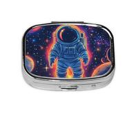 Generic Pastillero cuadrado con estampado de astronauta neón, 2 compartimentos, pequeño pastillero para bolso y bolsillo, mini pastillero de metal para viaje
