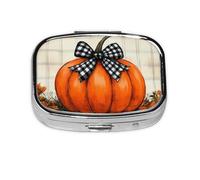 Generic Pastillero cuadrado con estampado de calabaza a cuadros naranjas, 2 compartimentos, pequeño pastillero para bolso y bolsillo, mini pastillero de metal para viaje