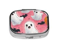 Generic Pastillero cuadrado con estampado de calabaza fantasma de Halloween, 2 compartimentos, pequeño pastillero para bolso y bolsillo, mini pastillero de metal para viaje