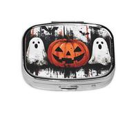 Generic Pastillero cuadrado con estampado de calabaza fantasma de Halloween, 2 compartimentos, pequeño pastillero para bolso y bolsillo, mini pastillero de metal para viaje