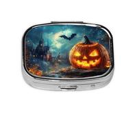 Generic Pastillero cuadrado con estampado de calabazas de Halloween, 2 compartimentos, pequeño pastillero para bolso y bolsillo, mini pastillero de metal para viaje