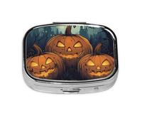 Generic Pastillero cuadrado con estampado de calabazas de Halloween, 2 compartimentos, pequeño pastillero para bolso y bolsillo, mini pastillero de metal para viaje