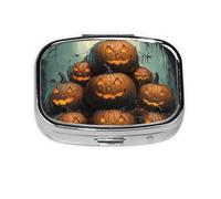 Generic Pastillero cuadrado con estampado de calabazas de Halloween, 2 compartimentos, pequeño pastillero para bolso y bolsillo, mini pastillero de metal para viaje