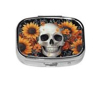 Generic Pastillero cuadrado con estampado de calavera y girasol, 2 compartimentos, pequeño pastillero para bolso y bolsillo, mini pastillero de metal para viaje