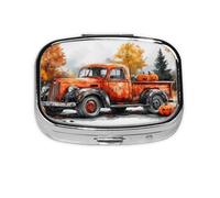 Generic Pastillero cuadrado con estampado de camión de calabazas de Halloween, 2 compartimentos, pequeño pastillero para bolso y bolsillo, mini pastillero de metal para viaje