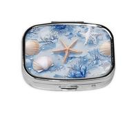 Generic Pastillero cuadrado con estampado de estrella de mar de coral azul de verano, 2 compartimentos para bolso y bolsillo, mini pastillero de metal para viaje