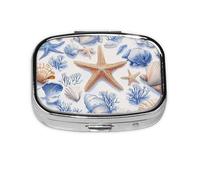 Generic Pastillero cuadrado con estampado de estrella de mar de coral azul de verano, 2 compartimentos para bolso y bolsillo, mini pastillero de metal para viaje