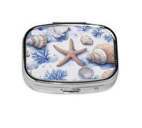 Generic Pastillero cuadrado con estampado de estrella de mar de coral azul de verano, 2 compartimentos para bolso y bolsillo, mini pastillero de metal para viaje