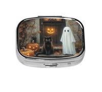 Generic Pastillero cuadrado con estampado de Halloween, 2 compartimentos, pequeño pastillero para bolso y bolsillo, mini pastillero de metal para viaje
