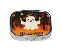 Generic Pastillero cuadrado con estampado de Halloween, 2 compartimentos, pequeño pastillero para bolso y bolsillo, mini pastillero de metal para viaje