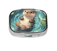 Generic Pastillero cuadrado con estampado de hojas de loto y nutria, 2 compartimentos para bolso y bolsillo, mini pastillero de metal para viaje