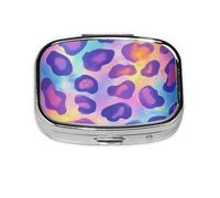 Generic Pastillero cuadrado con estampado de leopardo y arco iris, 2 compartimentos, pequeño pastillero para bolso y bolsillo, mini pastillero de metal para viaje