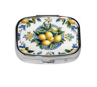 Generic Pastillero cuadrado con estampado de limón amarillo, 2 compartimentos para bolso y bolsillo, mini pastillero de metal para viaje