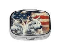 Generic Pastillero cuadrado con estampado de lobo de bandera estadounidense, 2 compartimentos, pequeño pastillero para bolso y bolsillo, mini pastillero de metal para viaje