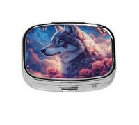 Generic Pastillero cuadrado con estampado de lobo de galaxia, 2 compartimentos, pequeño para bolso y bolsillo, mini pastillero de metal para viaje