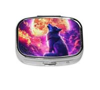 Generic Pastillero cuadrado con estampado de lobo morado, 2 compartimentos, pequeño pastillero para bolso y bolsillo, mini pastillero de metal para viaje