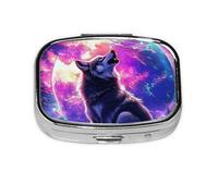 Generic Pastillero cuadrado con estampado de lobo morado, 2 compartimentos, pequeño pastillero para bolso y bolsillo, mini pastillero de metal para viaje