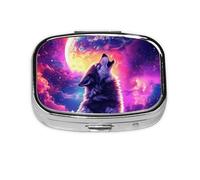 Generic Pastillero cuadrado con estampado de lobo morado, 2 compartimentos, pequeño pastillero para bolso y bolsillo, mini pastillero de metal para viaje