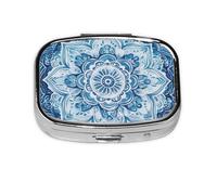 Generic Pastillero cuadrado con estampado de mandala azul, 2 compartimentos para bolso y bolsillo, mini pastillero de metal para viaje