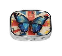 Generic Pastillero cuadrado con estampado de mariposa con bandera británica, 2 compartimentos, pequeño pastillero para bolso y bolsillo, mini pastillero de metal para viaje