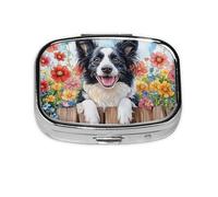 Generic Pastillero cuadrado con estampado de perro Border Collie, 2 compartimentos, pequeño pastillero para bolso y bolsillo, mini pastillero de metal para viaje