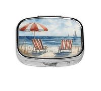 Generic Pastillero cuadrado con estampado de playa azul, 2 compartimentos para bolso y bolsillo, mini pastillero de metal para viaje
