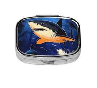 Generic Pastillero cuadrado con estampado de tiburón azul, 2 compartimentos, pequeño pastillero para bolso y bolsillo, mini pastillero de metal para viaje