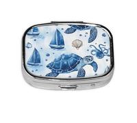 Generic Pastillero cuadrado con estampado de tortuga marina, 2 compartimentos para bolso y bolsillo, mini pastillero de metal para viaje