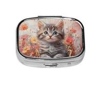 Generic Pastillero pequeño con diseño de gatos lindos con estampado floral, 2 compartimentos, para bolso y bolsillo, mini pastillero de metal, pastillero de viaje