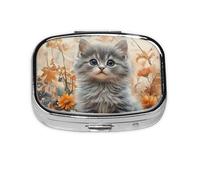 Generic Pastillero pequeño con diseño de gatos lindos con estampado floral, 2 compartimentos, para bolso y bolsillo, mini pastillero de metal, pastillero de viaje
