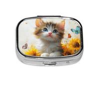Generic Pastillero pequeño con diseño de gatos lindos con estampado floral, 2 compartimentos, para bolso y bolsillo, mini pastillero de metal, pastillero de viaje