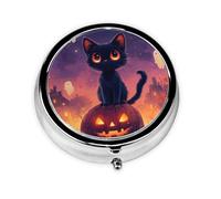 Generic Pastillero redondo con diseño de gato negro y calabaza y fantasma, pastillero pequeño de 3 compartimentos para bolso y bolsillo, mini pastillero de metal para viaje