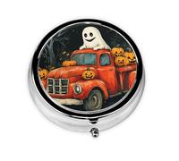 Generic Pastillero redondo con estampado de calabaza fantasma de Halloween, 3 compartimentos, pequeño pastillero para bolso y bolsillo, mini pastillero de metal para viaje