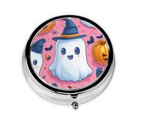 Generic Pastillero redondo con estampado de calabaza fantasma de Halloween, 3 compartimentos, pequeño pastillero para bolso y bolsillo, mini pastillero de metal para viaje