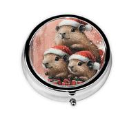 Generic Pastillero redondo con estampado de Capybaras de Navidad, 3 compartimentos, pequeño pastillero para bolso y bolsillo, mini pastillero de metal para viaje