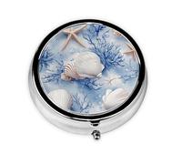Generic Pastillero redondo con estampado de estrella de mar de coral azul de verano, 3 compartimentos, pequeño pastillero para bolso y bolsillo, mini pastillero de metal para viaje