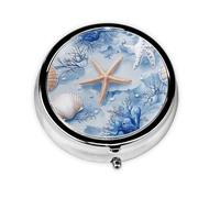 Generic Pastillero redondo con estampado de estrella de mar de coral azul de verano, 3 compartimentos, pequeño pastillero para bolso y bolsillo, mini pastillero de metal para viaje