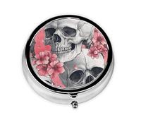 Generic Pastillero redondo con estampado de flores de calavera, 3 compartimentos, pequeño pastillero para bolso y bolsillo, mini pastillero de metal para viaje