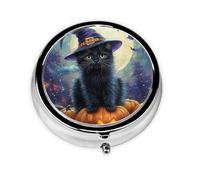 Generic Pastillero redondo con estampado de gato, calabaza, murciélago, luna, 3 compartimentos, pequeño pastillero para bolso y bolsillo, mini pastillero de metal para viaje