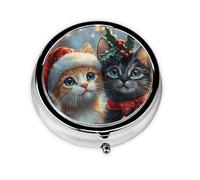 Generic Pastillero redondo con estampado de gato de Navidad, 3 compartimentos, pequeño pastillero para bolso y bolsillo, mini pastillero de metal para viaje