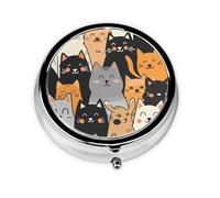 Generic Pastillero redondo con estampado de gatos, pastillero pequeño de 3 compartimentos para bolso y bolsillo, mini pastillero de metal para viaje