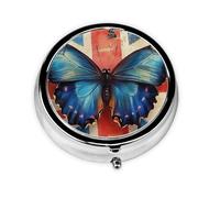 Generic Pastillero redondo con estampado de mariposa de bandera británica, 3 compartimentos, pequeño pastillero para bolso y bolsillo, mini pastillero de metal para viaje