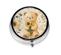 Generic Pastillero redondo con estampado de oso lindo - Pastillero pequeño de 3 compartimentos para bolso y bolsillo, mini pastillero de metal para viaje