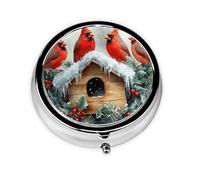 Generic Pastillero redondo con estampado de pájaros cardenales de invierno, 3 compartimentos, pequeño pastillero para bolso y bolsillo, mini pastillero de metal para viaje